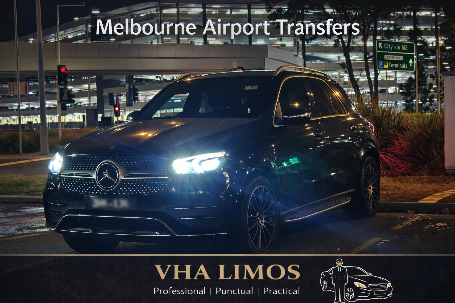 Melbourne airport transfers by VHA Limos with luxury Mercedes chauffeur service at night